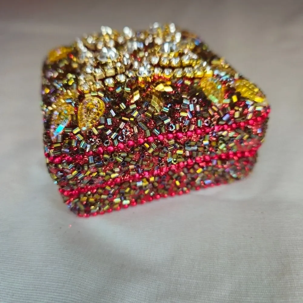 Vintage Artisan Handmade Rhinestone & Bead Trinket Box 80s-90s Made In India EUC